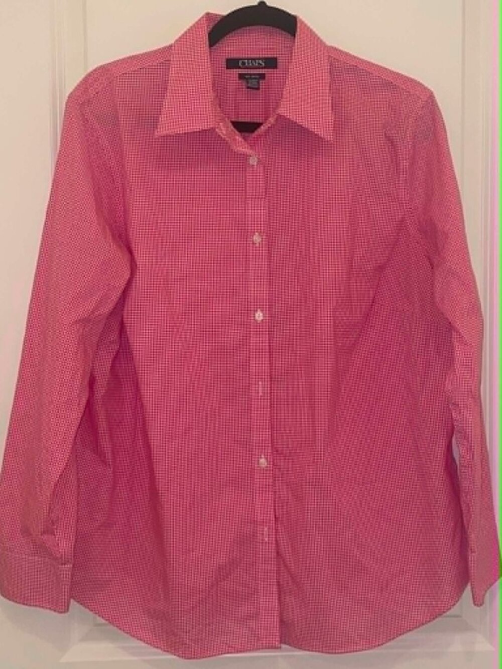 CHAPS Women’s No Iron Shirt Gingham Pink Button Up, Size 1X